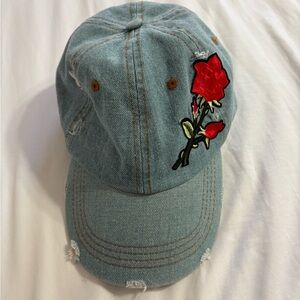Denim Cap with Red Rose Embroidery